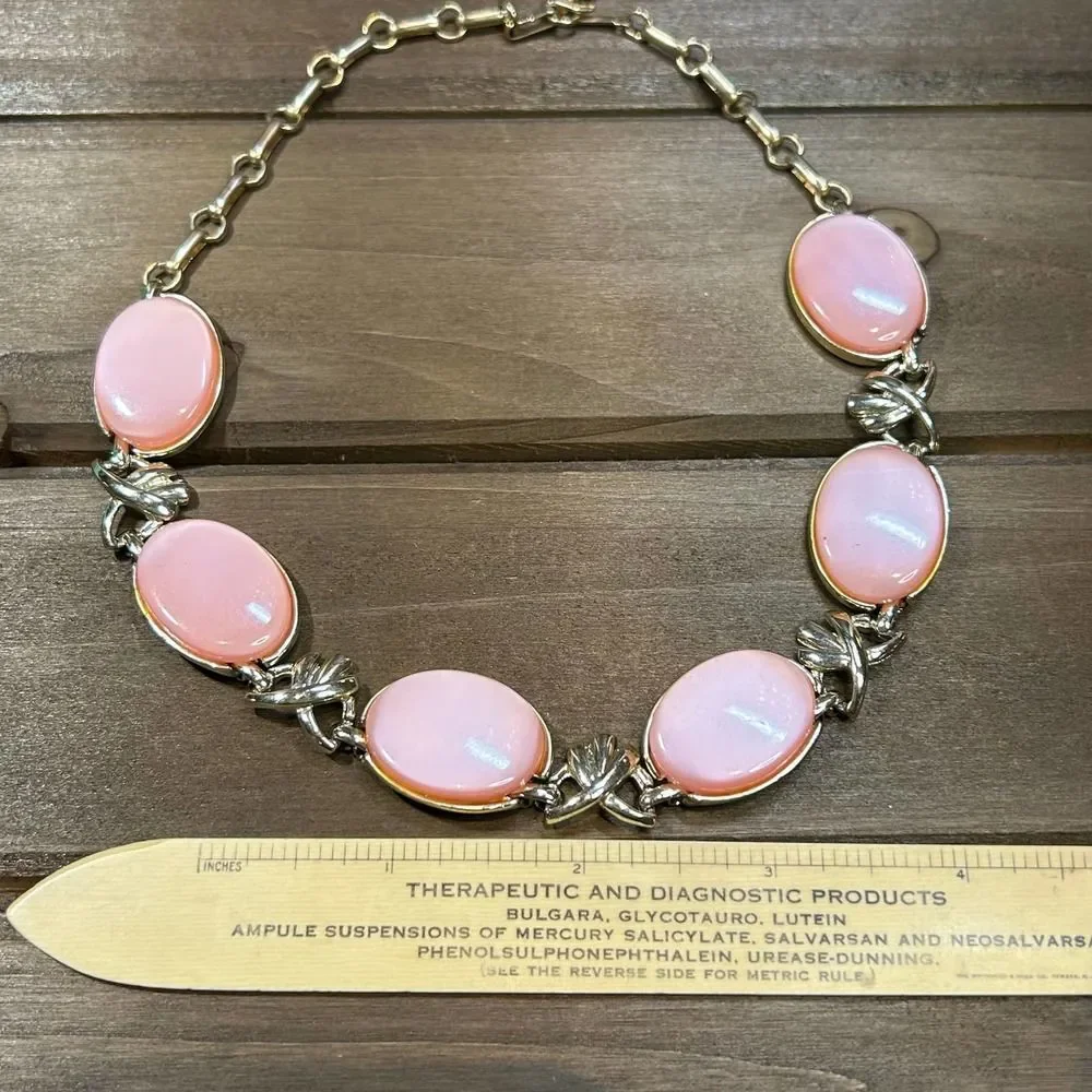 Vintage Coro Pink Thermoset Moonglow Necklace Gold Tone Choker Mid Century 16